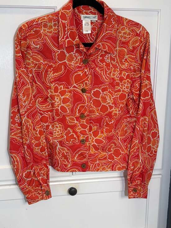 Coldwater Creek Jackets & Blazers - Coldwater Creek Red Floral Paisley Cotton Button-Up Jacket Size XS